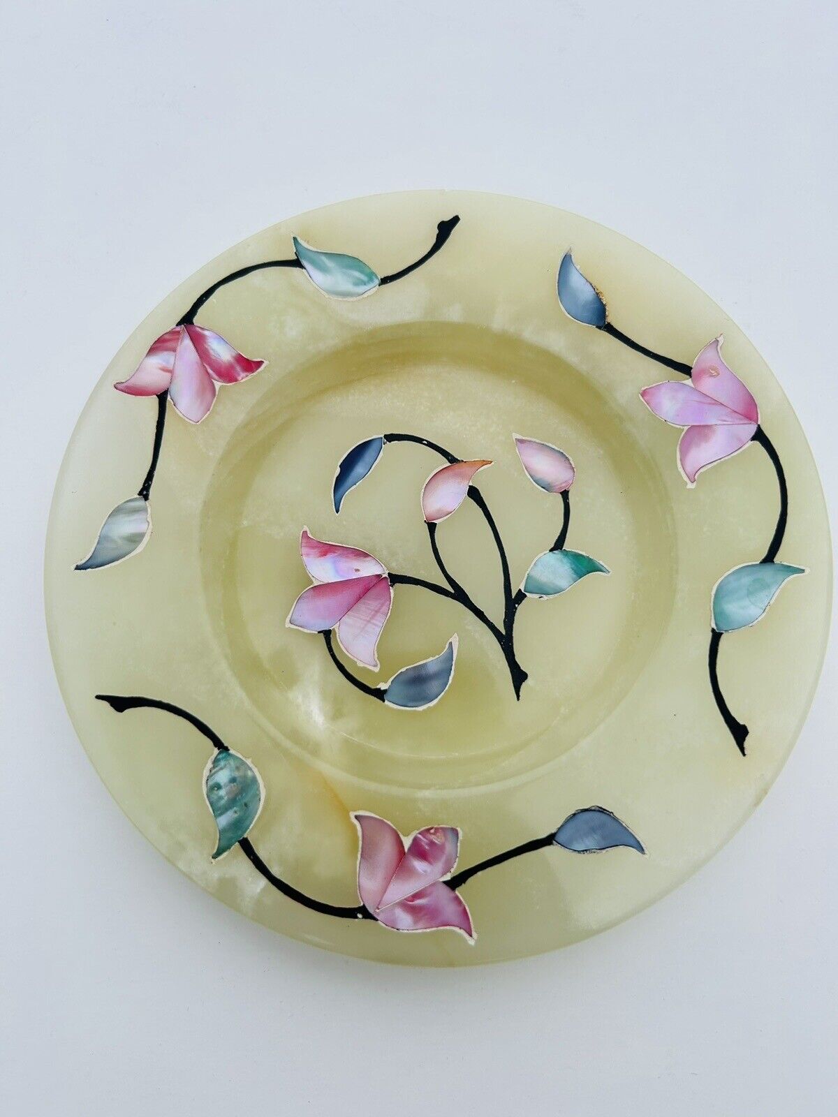 Vintage Marble Inlaid Mother Of Pearl Floral Design Small Trinket Dish Polished 