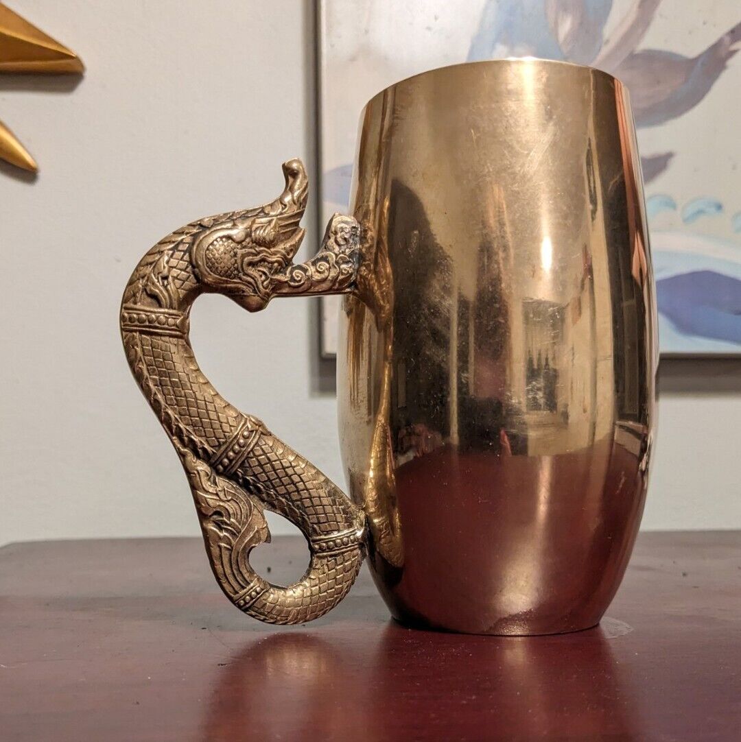 Viking Brass Tankard Beer Mug DRAGON Handle Gold Tone Vintage Beer Stein EUC