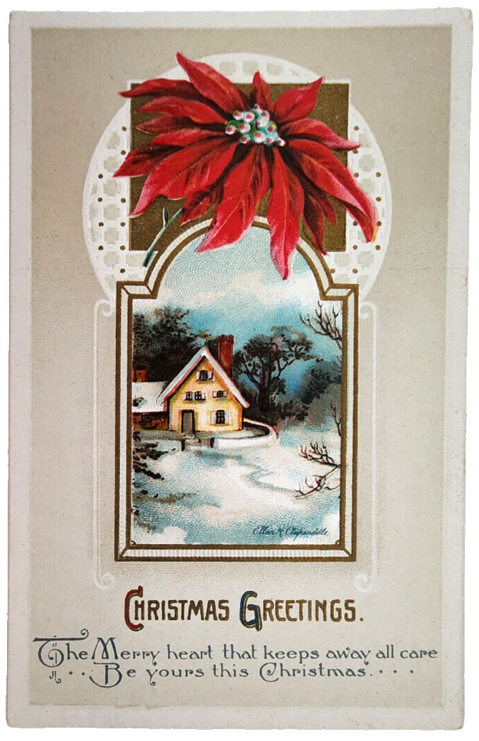 c1910 Christmas Greetings Poinsettia's Snow Winter Embossed Postcard