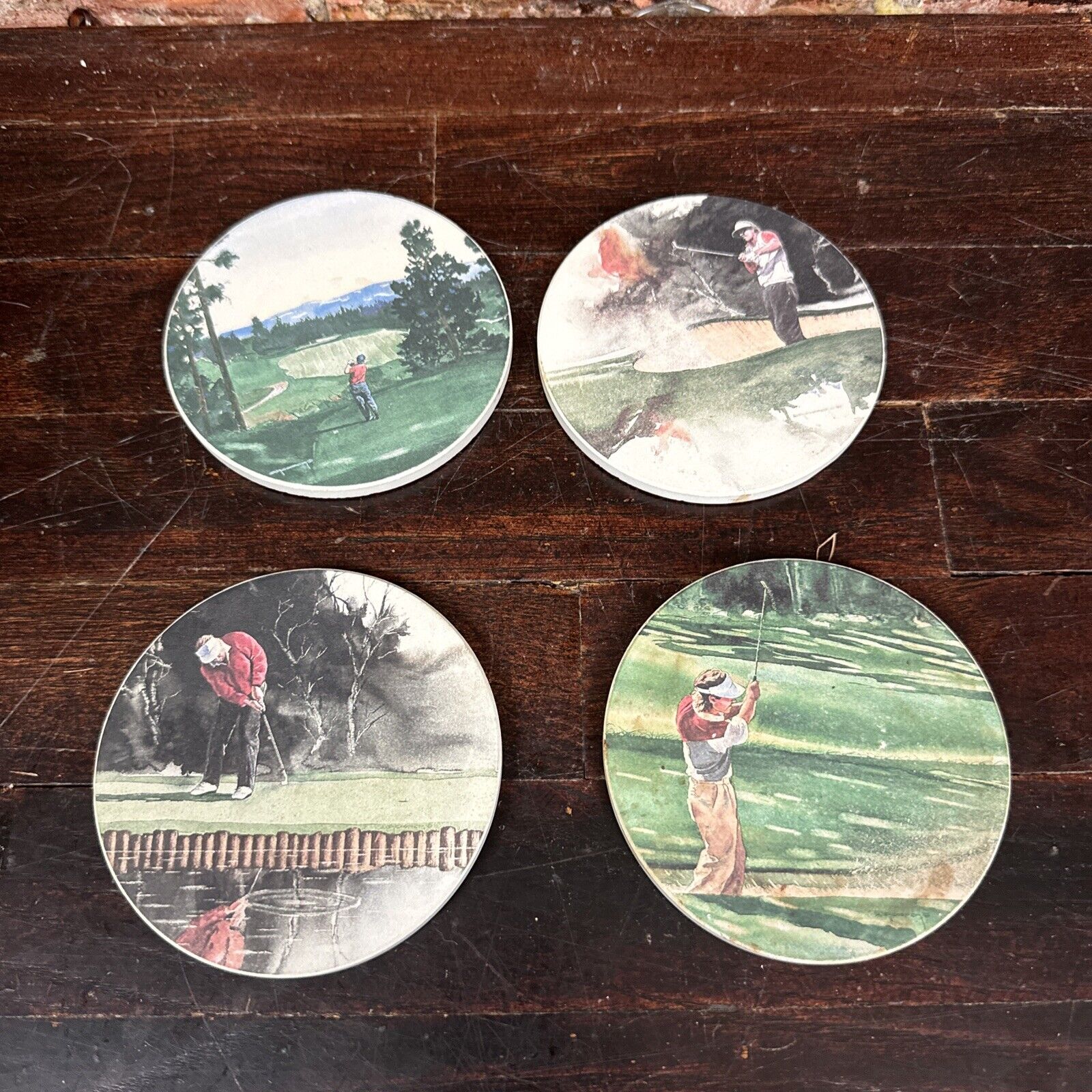 Vintage Golfing Coaster Set Of 4 Man Golf Circle Round Gift Set Dad Brother