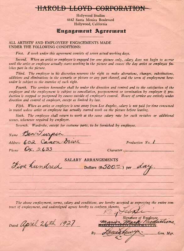 BEN TURPIN - CONTRACT SIGNED 04/26/1927
