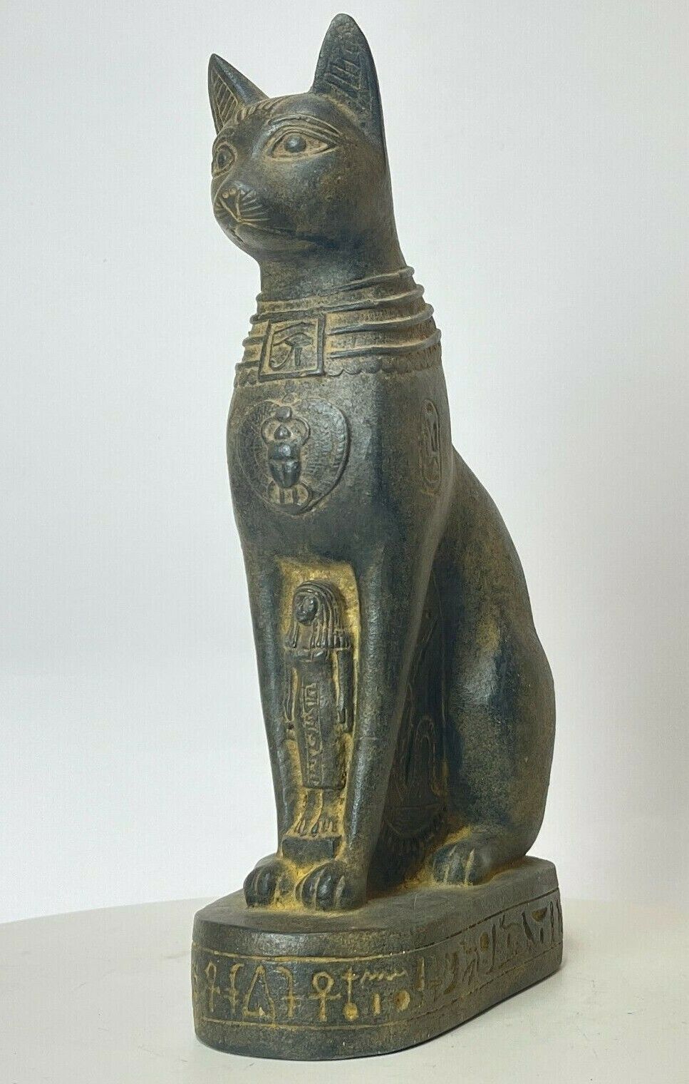 X Large Egyptian Antiques Statue Goddess Bastet Cat With Hathor, Eye Of Horus BC