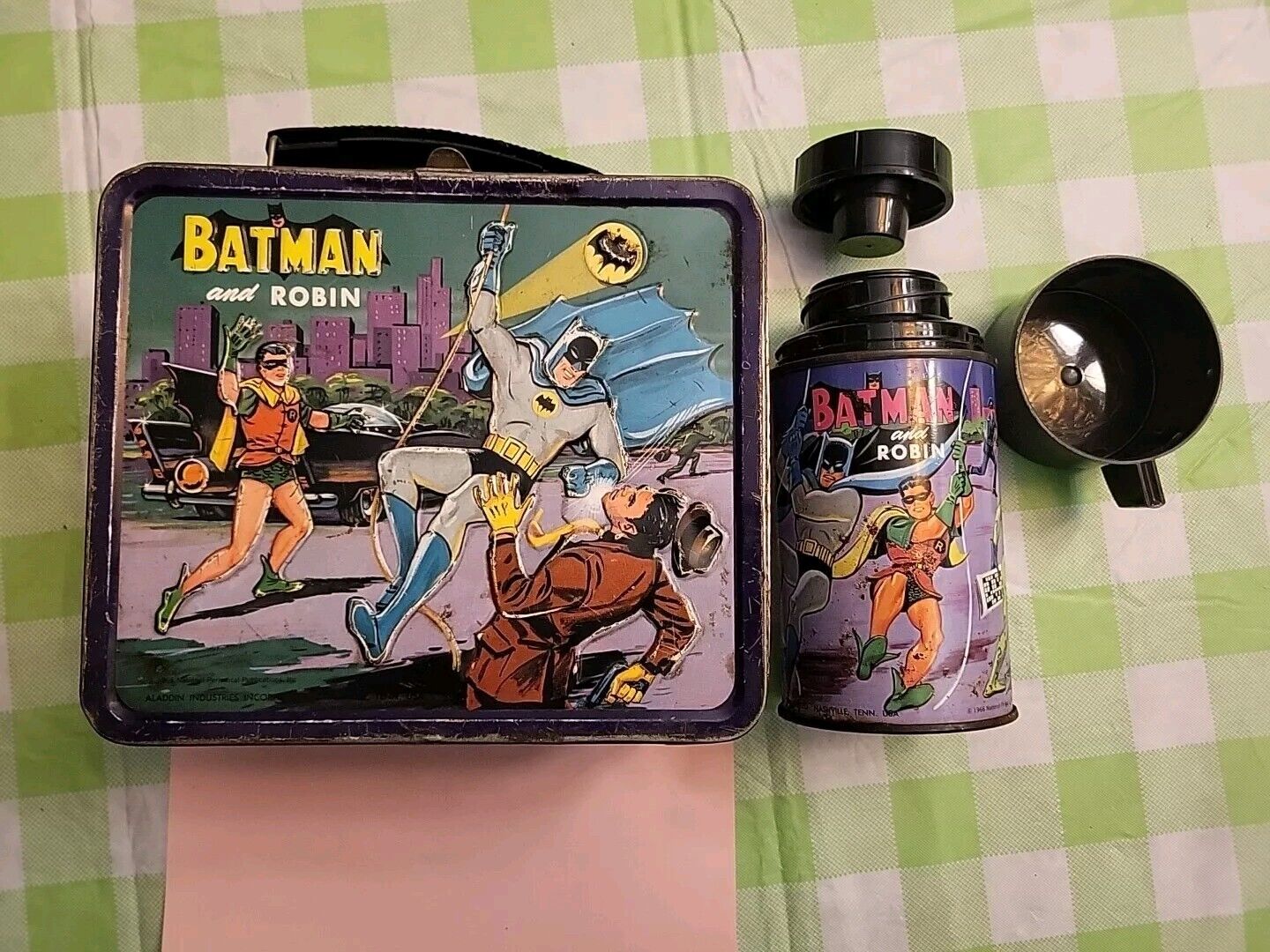 1966 Batman & Robin Lunch Box Thermos Vintage Super Heroes Lunchbox Tin Aladdin