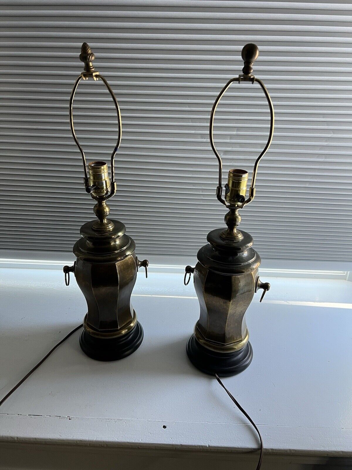 Pair of Vintage Brass Handled Jar Table Lamps. No Shades