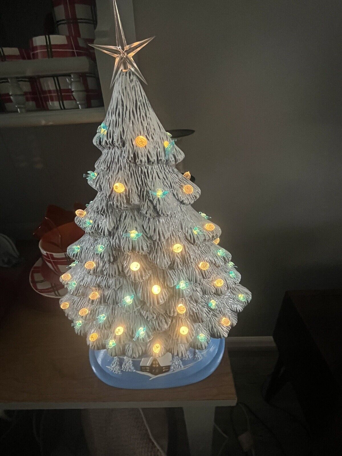 Ceramic Christmas Tree, Winter Scene On Base , Blue Birds, Hand Made 20 1/2 Inch