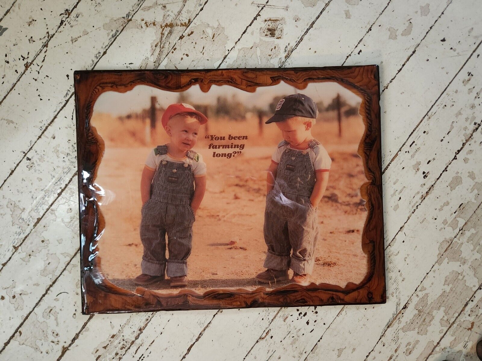 vintage You Been Farming Long?  boys in overalls farrm photo poster wood mounted