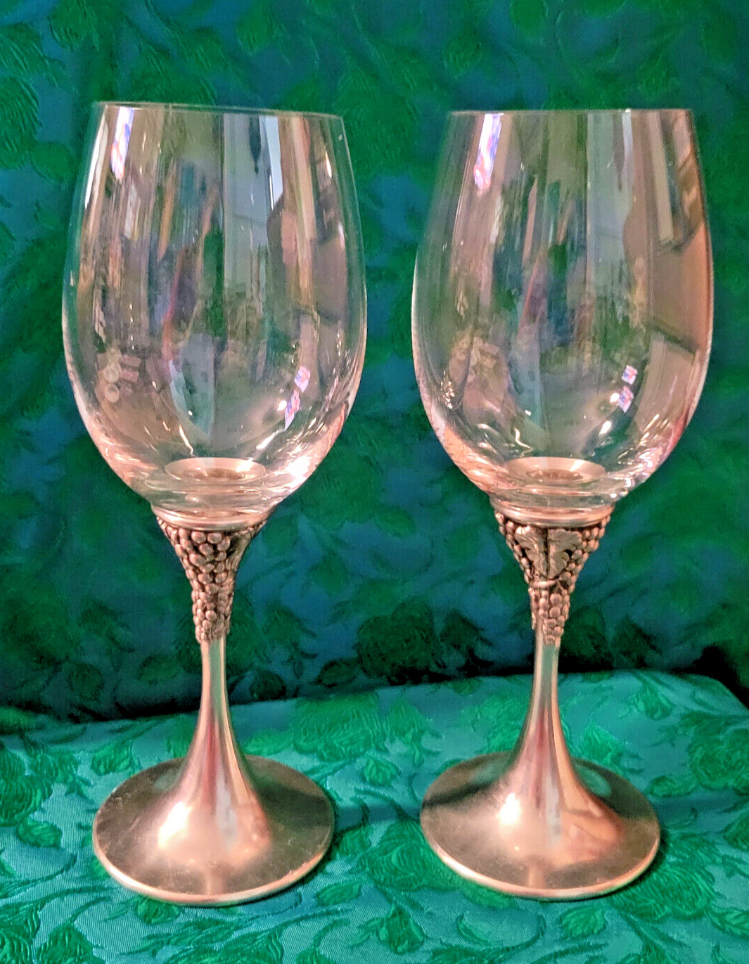 Vintage Etain Zinn Grapevine Pattern Pewter Set of 2 Wine Glasses  8.25\