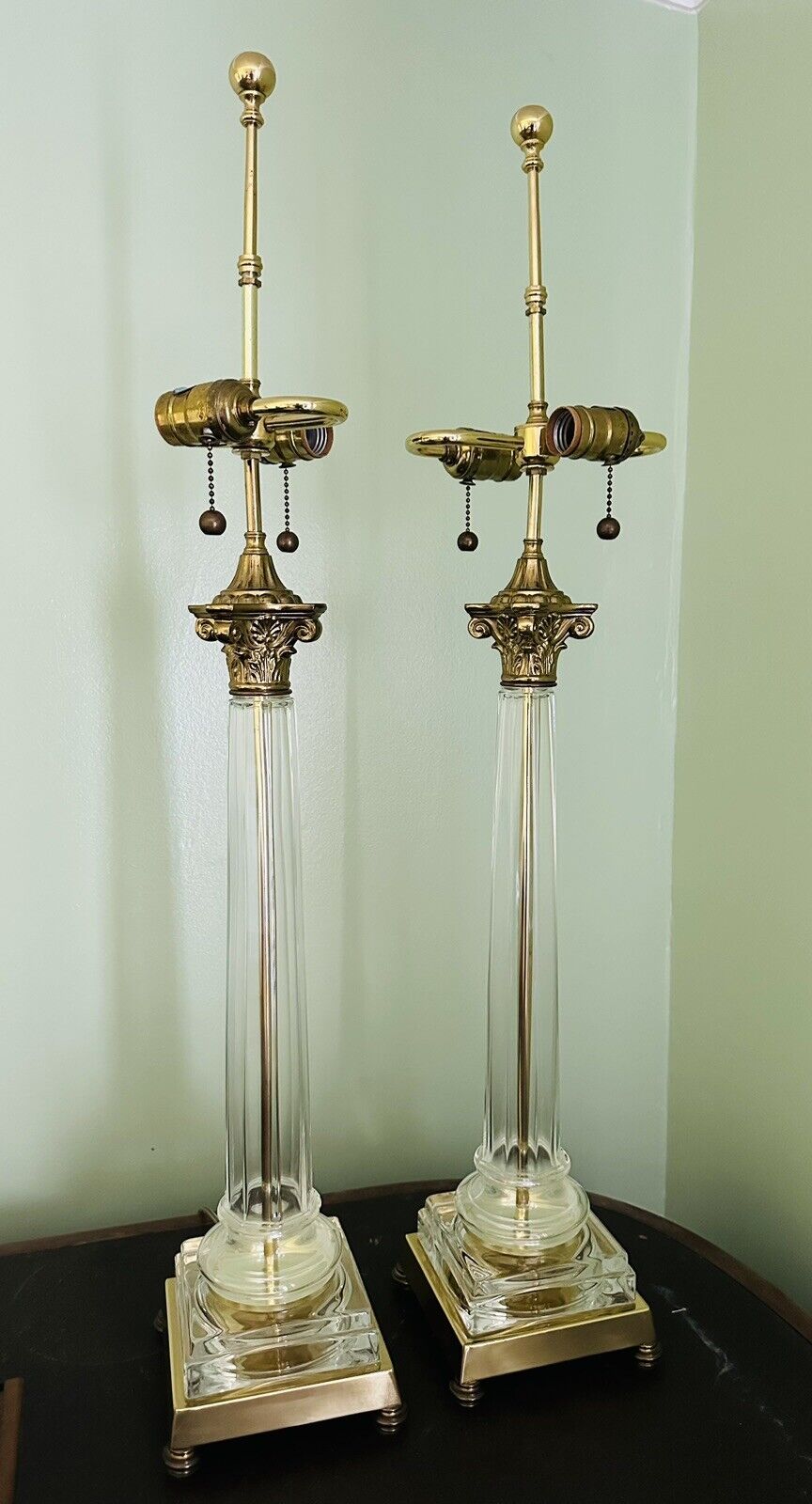 Vintage Pair Hollywood Regency SPEER Brass Base Glass Column Lamps Double Socket