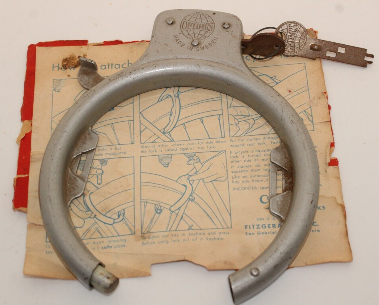 Vintage Optimus Bicycle Wheel Lock 2 Keys, Instructions, Working Made In Sweden
