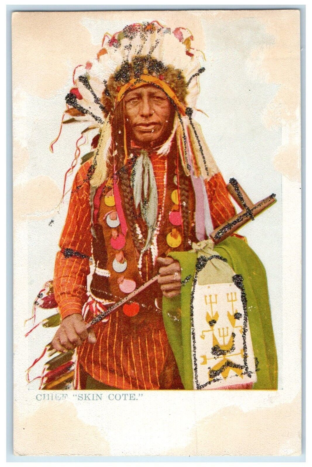 c1905 Chief Skin Cote Indian Traditional Dress Unposted Antique Glitter Postcard