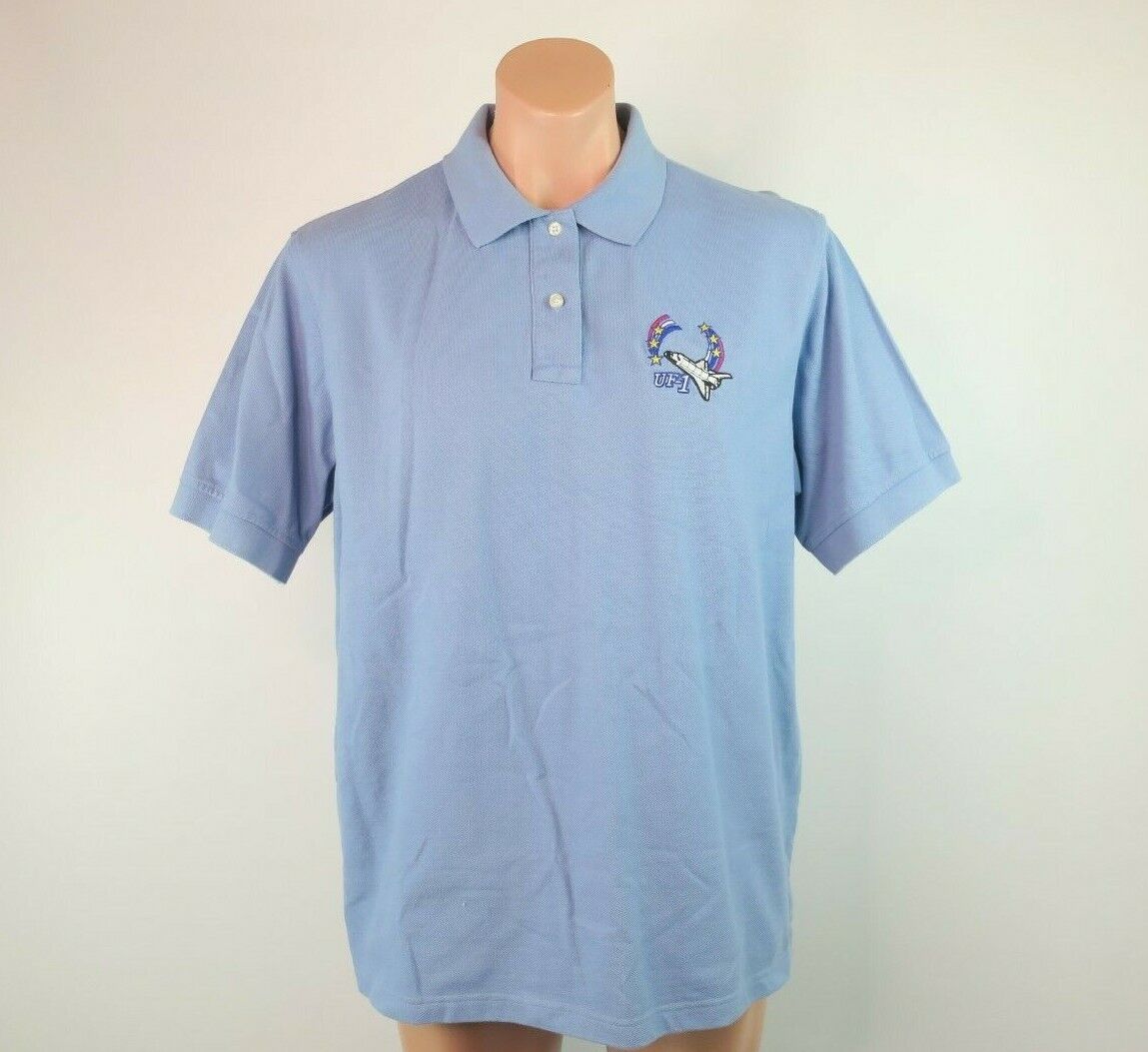 VTG 90s NASA Space Center Shirt L/XL Employee Issue Embroidered Rocket UF-1 Blue