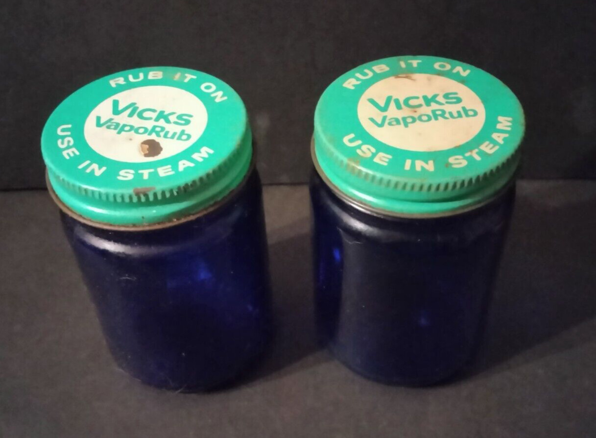 LOT of 2 Vintage Cobalt Blue Glass Vicks VapoRub Jars w/ Green Metal Lids