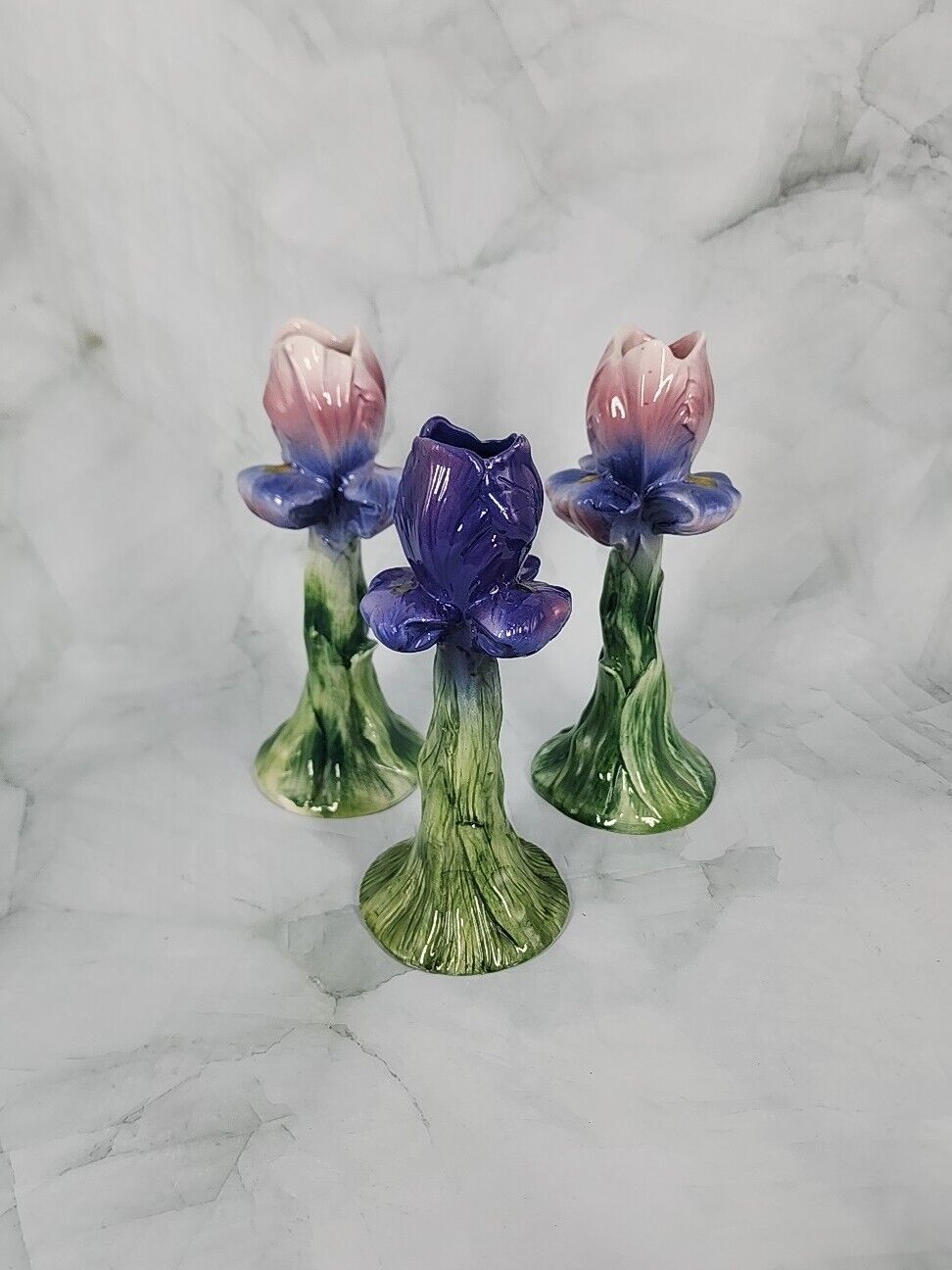 Vintage Iris Flower Candlesticks Italy Handpainted Porcelain Set Of 3 