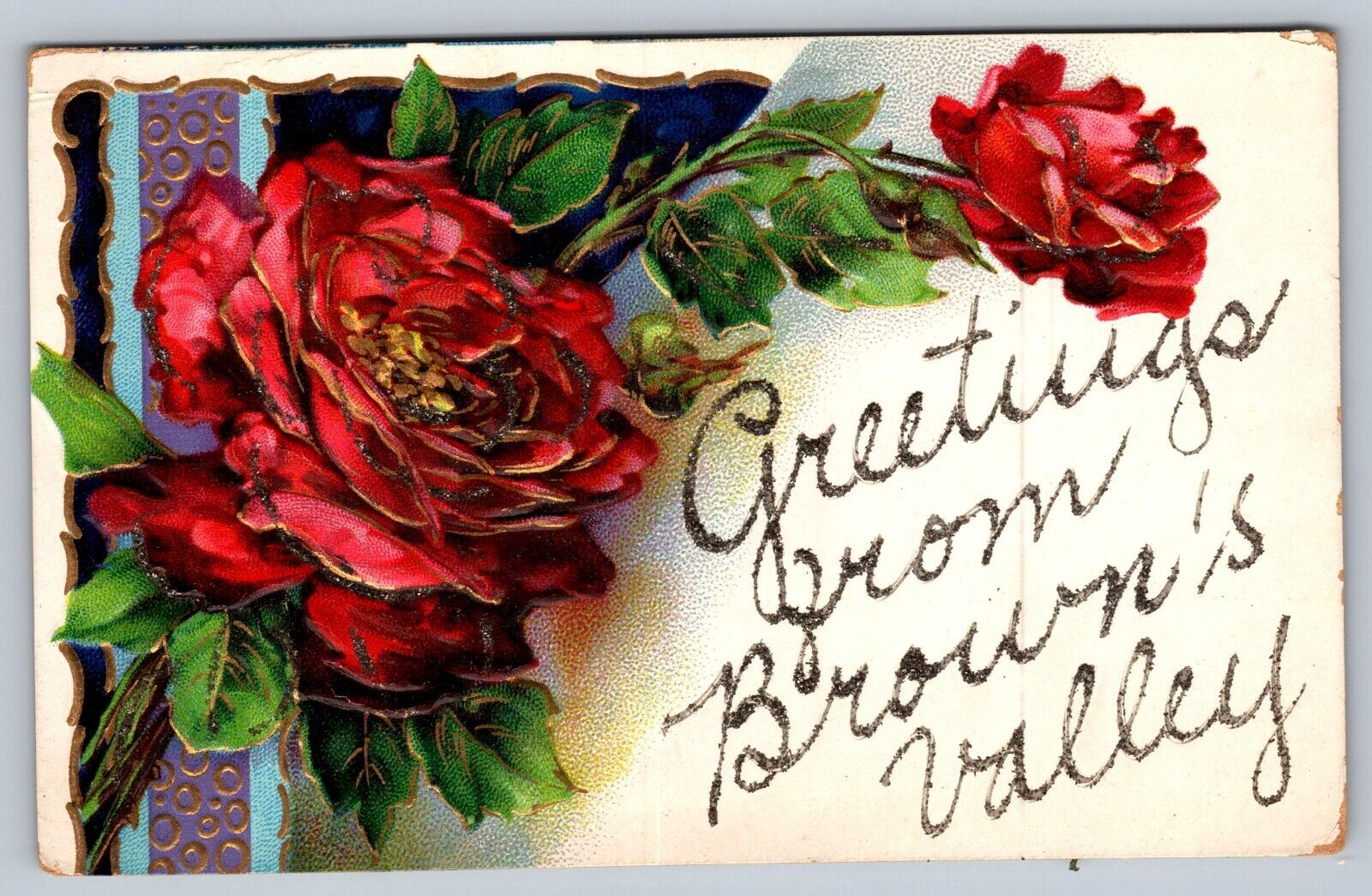 Vintage Greetings From Brown's Valley, CA Postcard, Embossed W/ Red Flowers