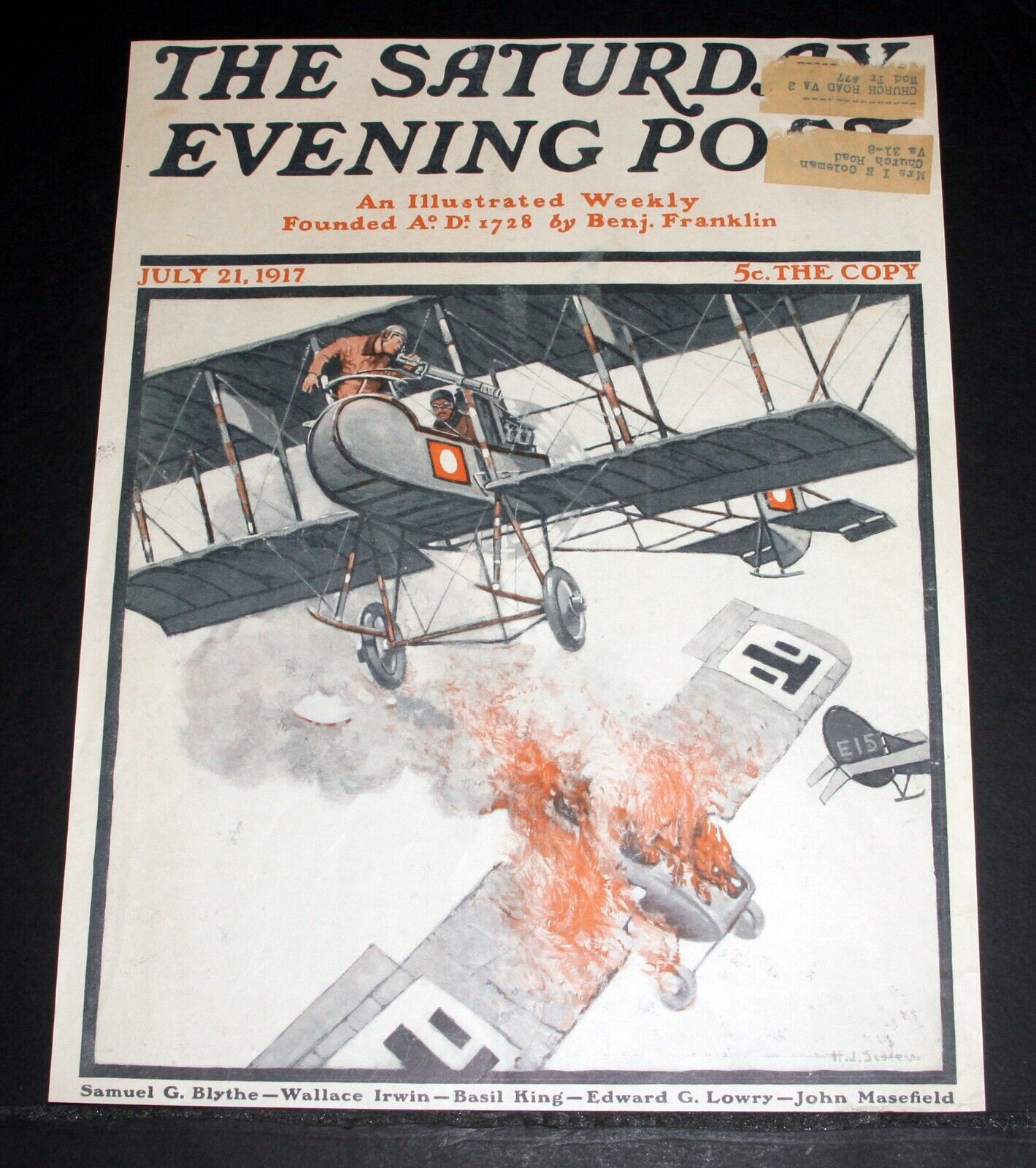 1917 JULY 21, OLD SATURDAY EVENING POST MAGAZINE COVER (ONLY) HENRY SOULEN ART