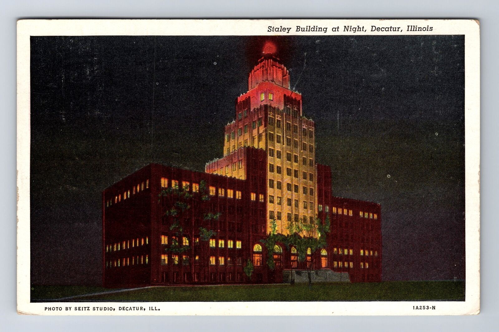 Decatur IL-Illinois, Staley Building At Night, Antique, Vintage c1947 Postcard