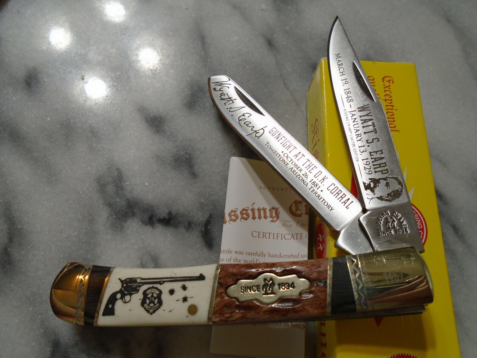 Kissing Crane Limited Wyatt Earp Bone/Wood Trapper 2 Blade Pocket Knife KC5601 