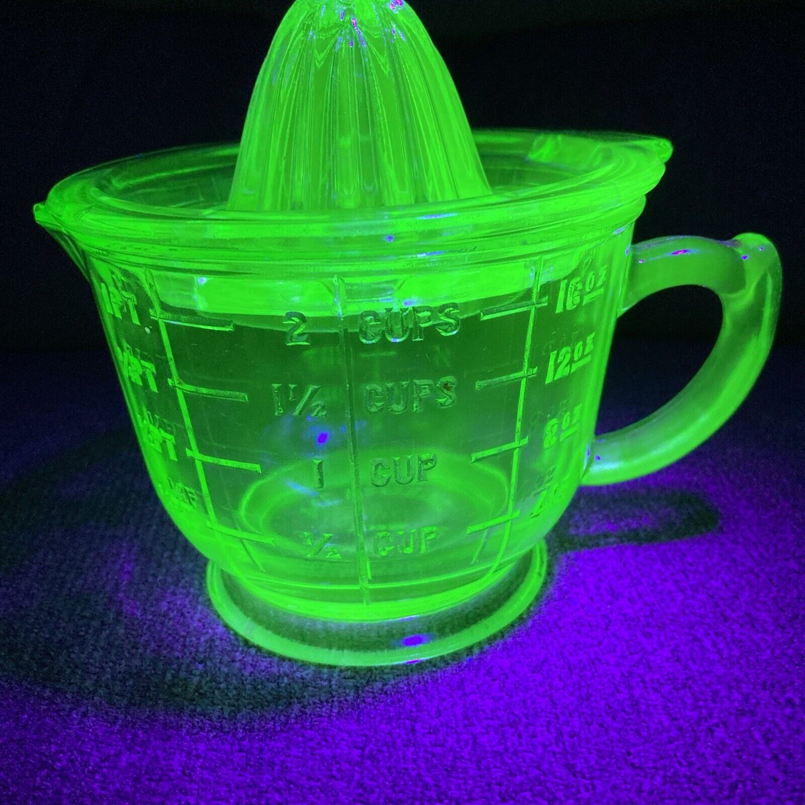 Vintage Green Uranium Depression Glass Measuring/Mixing Cup and Juicer