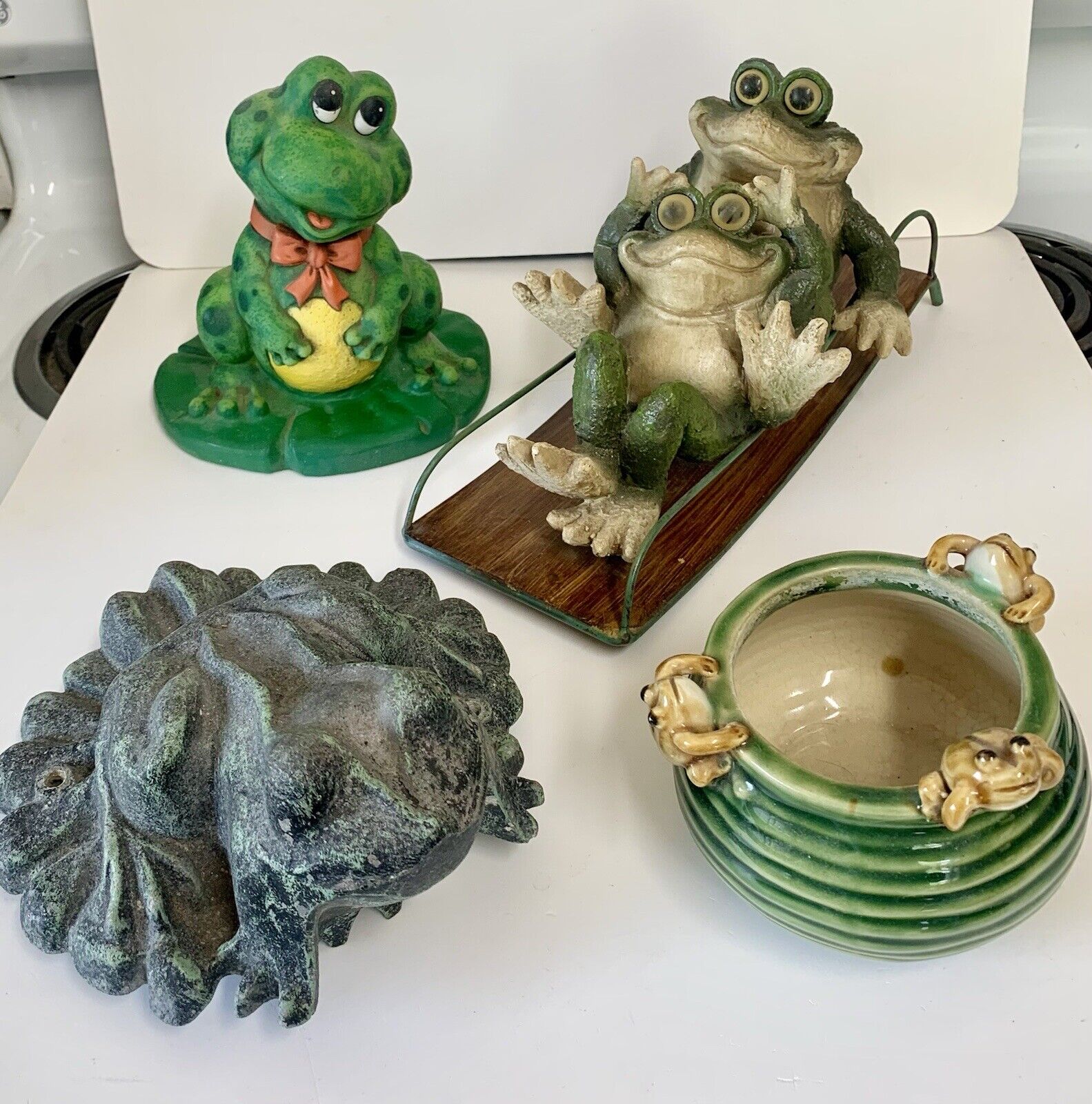 Vintage Art Pottery Frog Bowl RARE 1975 Arthur Court Metal Frog Frogs On Bobsled