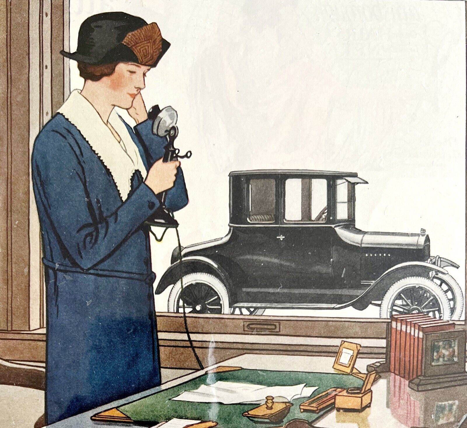 Ford Tudor Sedan 1924 Advertisement Lithograph Automobilia Woman On Phone DWCC1