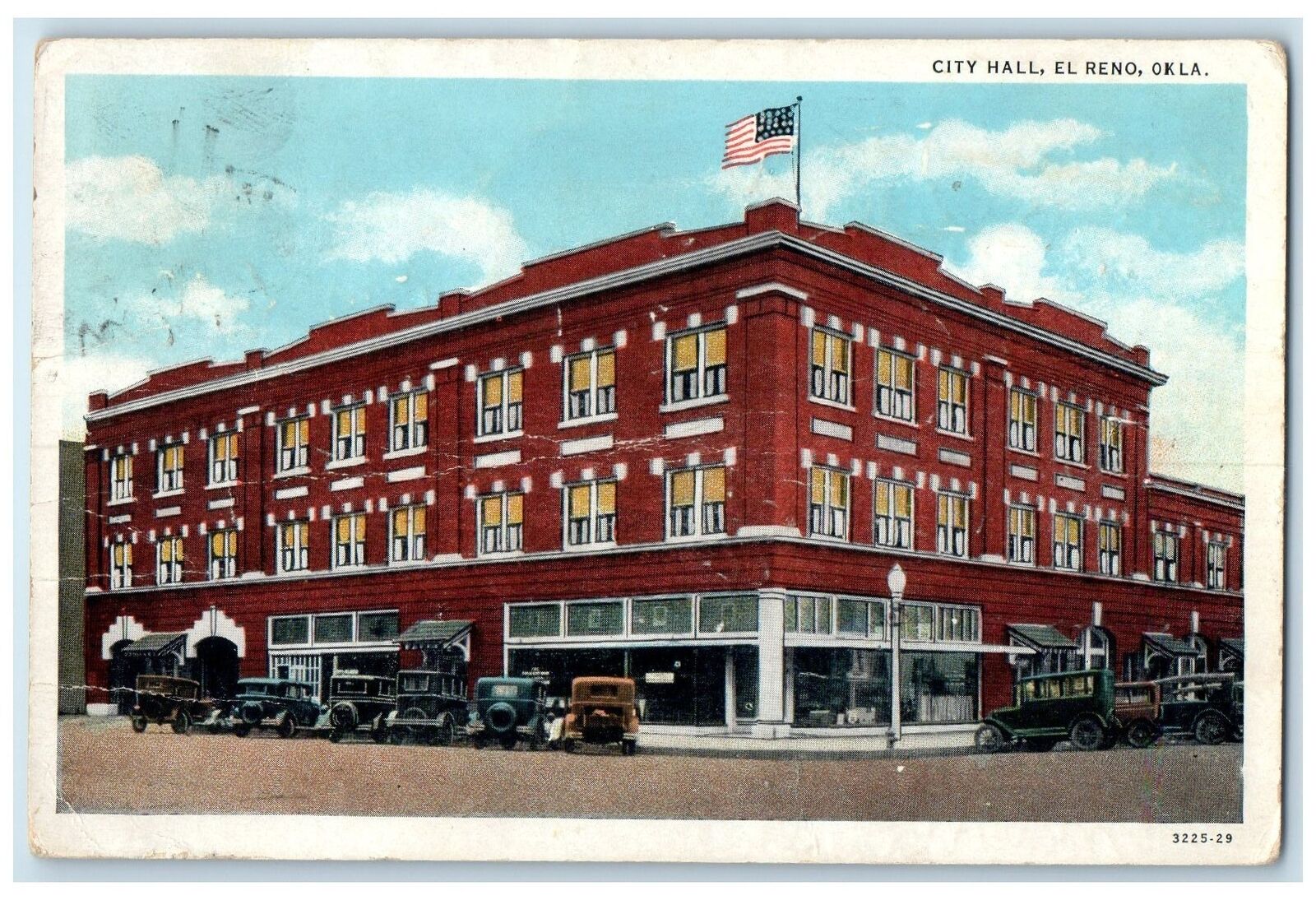 1936 City Hall Exterior Roadside El Reno Oklahoma OK Posted Cars Flag Postcard