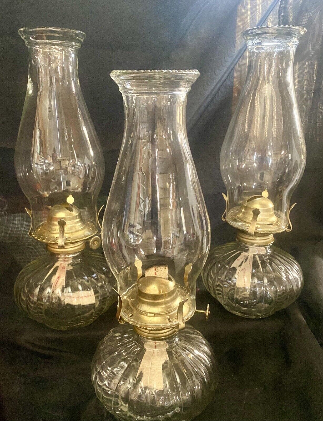 3 Vintage Clear Glass Oil Lamps Ribbed Design Golden Globe Trademark, Long Wick