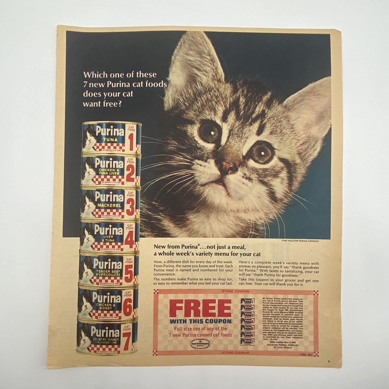 1967 Purina Cat Food Large Vintage Full Page Original Print Ad