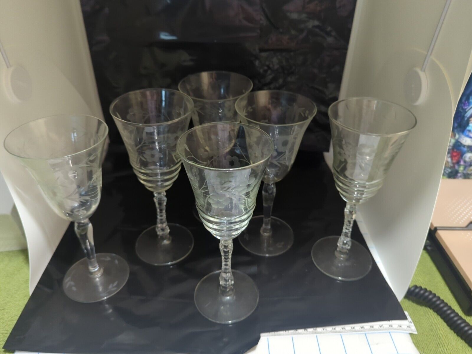 Etched Elegant GlassWine Vintage Six Stems Goblets Two Different Patterns 3&3 