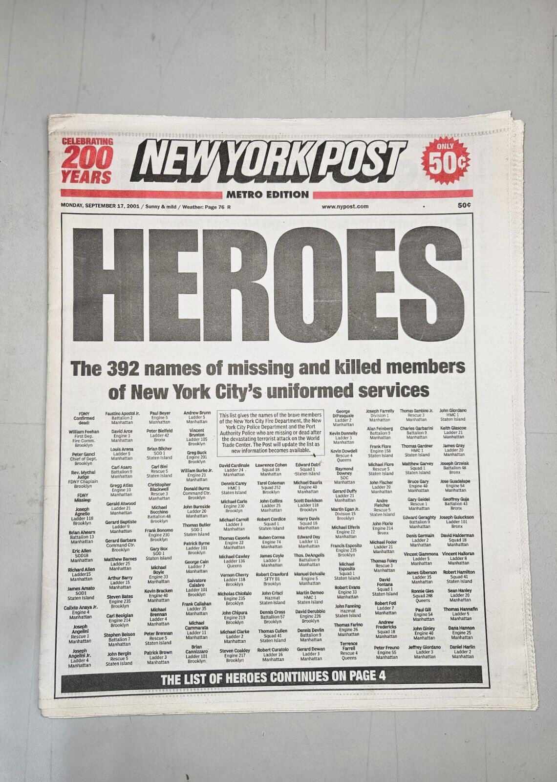 HEROES Tribute to 911 Servicemen New York Post September 17th, 2001, COMPLETE