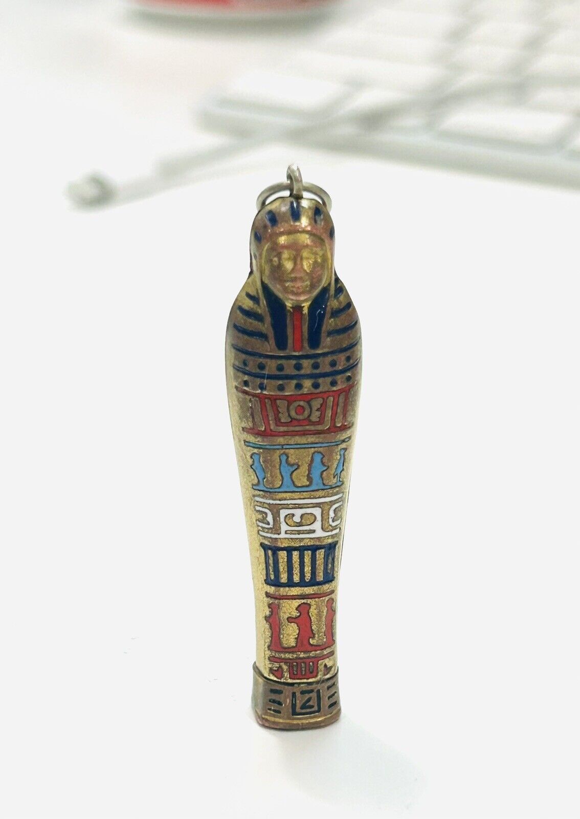 Vintage Egyptian Revival pendant 1920s telescopic pencil enamel sarcophagus Rare