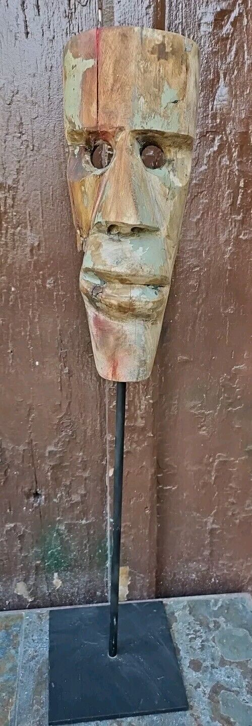 Antique Wooden African Mask Old Hand Carved Tribal Head Shape On Stand Repairs 