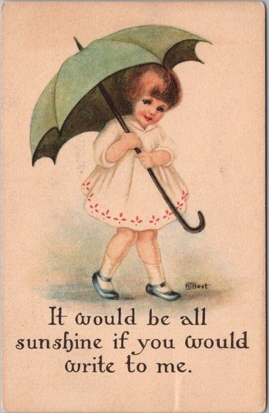 c1910s Comic Greetings Postcard Girl with Umbrella / Artist-Signed R.J. BEST