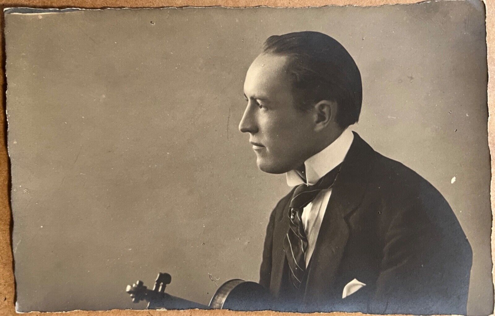 RPPC Violinist Attractive Man with Violin Profile Real Photo Postcard c1910