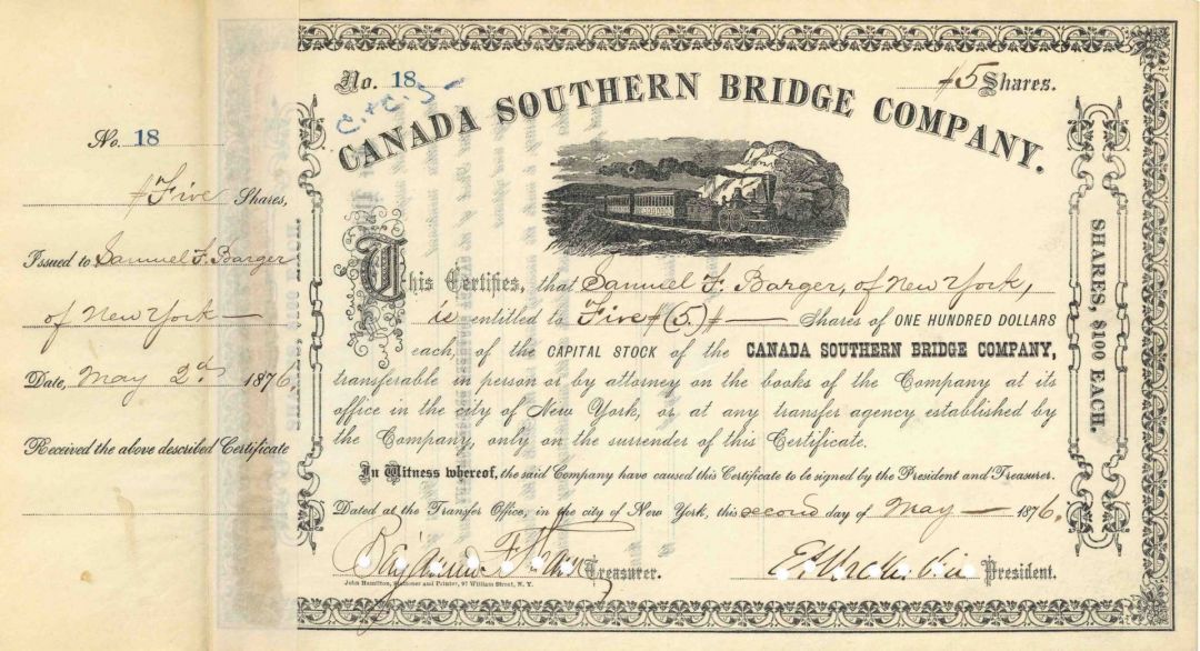 Canada Southern Bridge Co - 1870's dated Michigan Railroad and Bridge Stock Cert