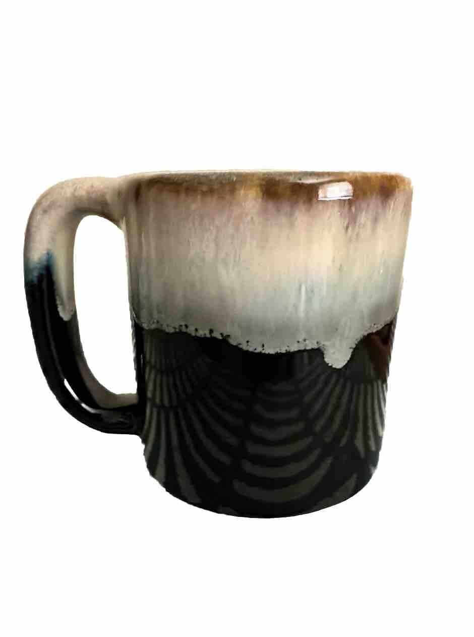 Vintage Set Of 4 RP Coffee Mugs Teal Blue Drip Glaze W Blk Stoneware Wood Stand