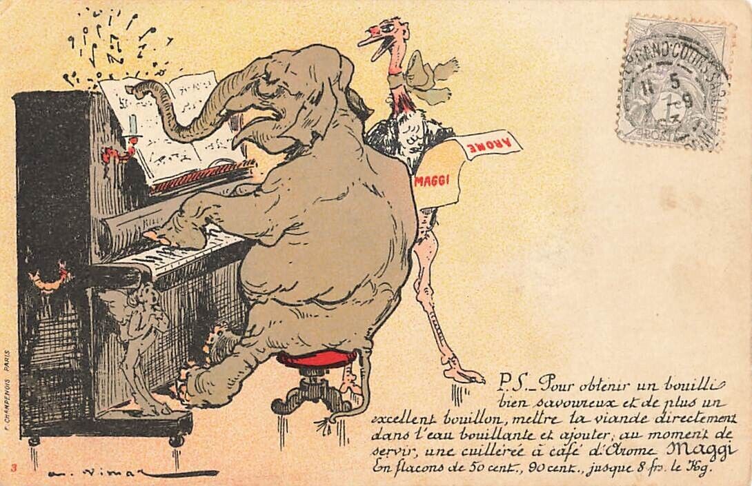c1905 Anthropomorphic Elephant Ostrich Playing Piano Singing P591