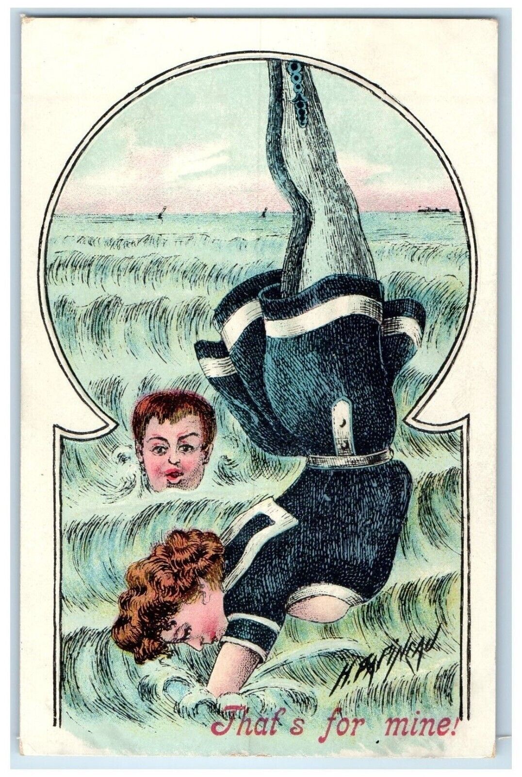c1905 Woman Beach Diving That's For Mine Embossed Unposted Antique Postcard