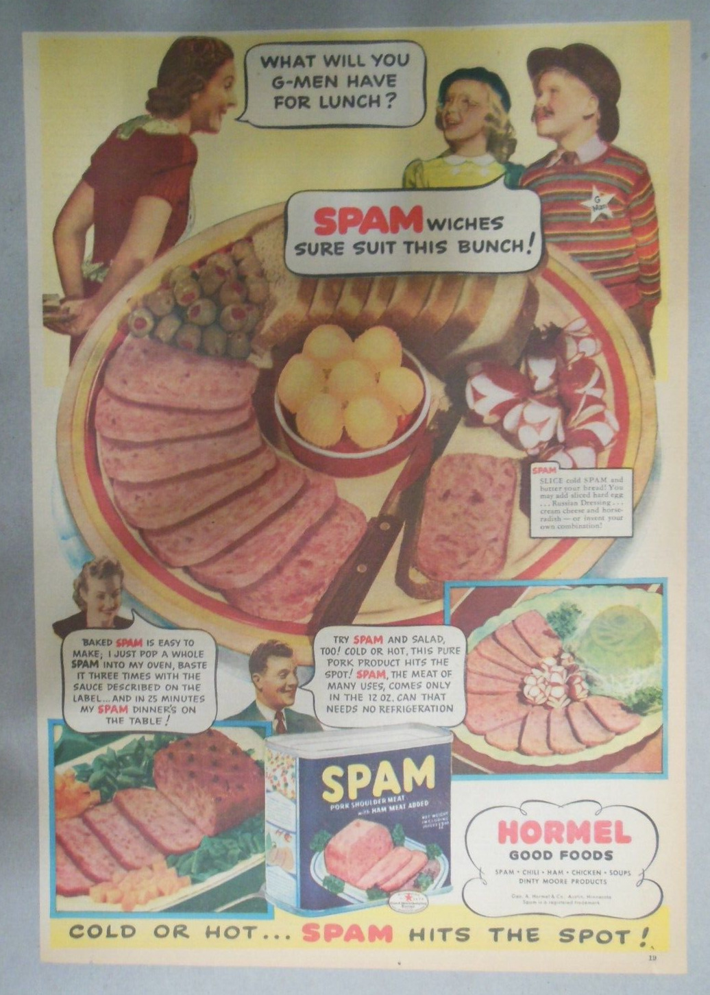 Hormel Spam Ad: Spam Sure Fits This Bunch  from 1940's Size: 11 x 15 inches