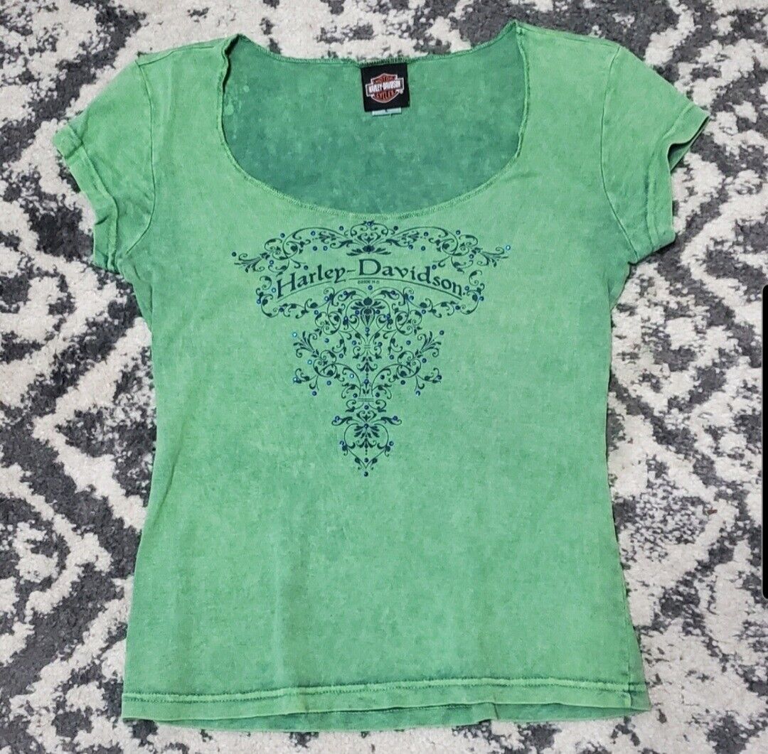 Vintage 2000s Harley Davidson Womens Acid Wash Green  Green T Shirt Size Large