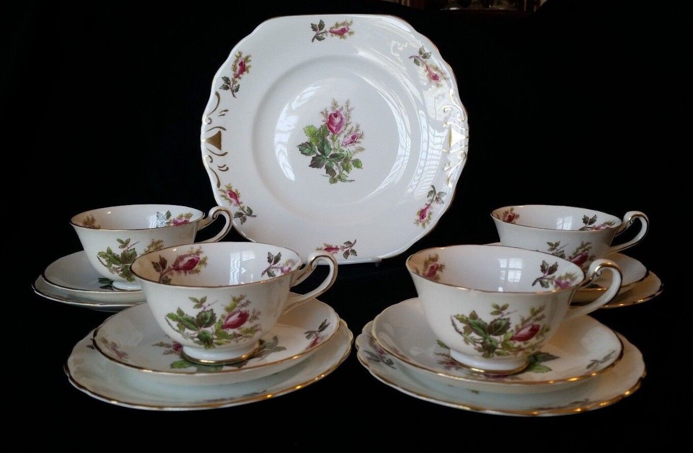 Royal Chelsea Moss Rose TRIO Cup w/Saucer Snack Plates + Cake Plate lot of 13