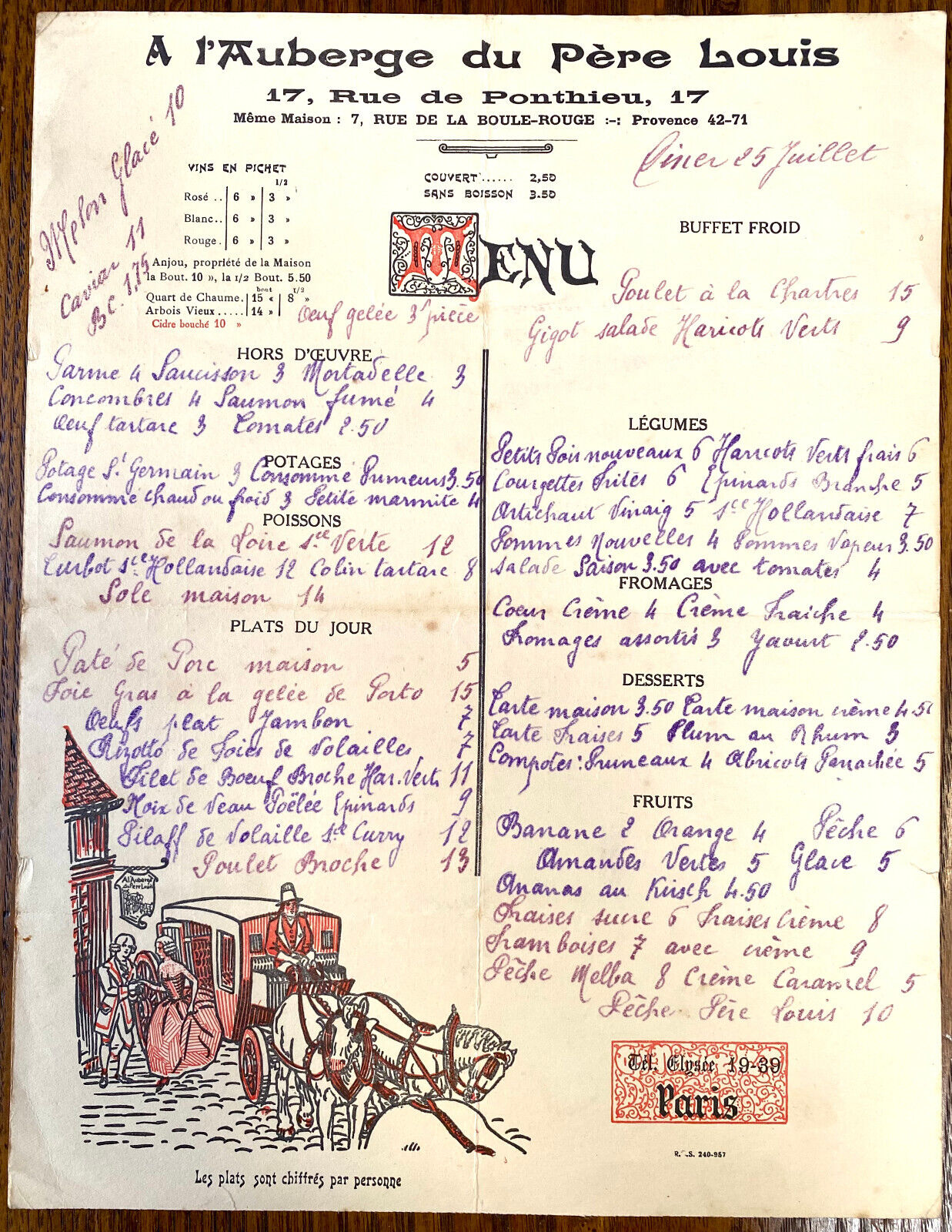 A l'Auberge du Pere Louis, Paris France Handwritten Menu/with Wine List on back