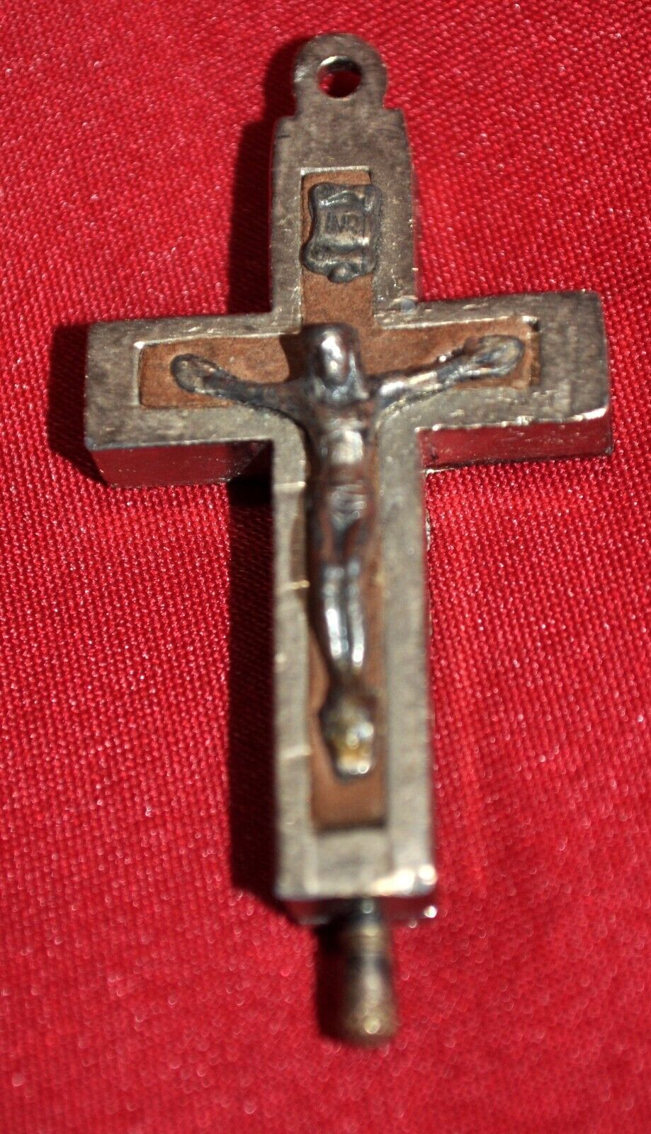 VTG HINGED RELIQUARY INLAID WOOD CRUCIFIX, ITALY, W SOIL FROM ROME CATACOMBS