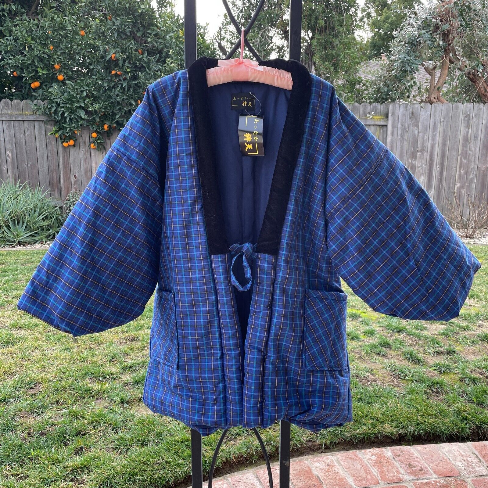 NWT Japanese Kimono Winter Jacket Hanten Warm Wear Free Size Blue Plaid New