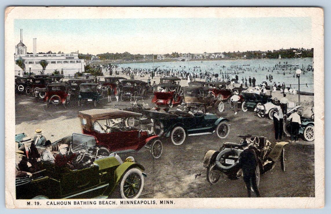 1924 CALHOUN BATHING BEACH MINNEAPOLIS MN ANTIQUE CARS PARKING LOT POSTCARD