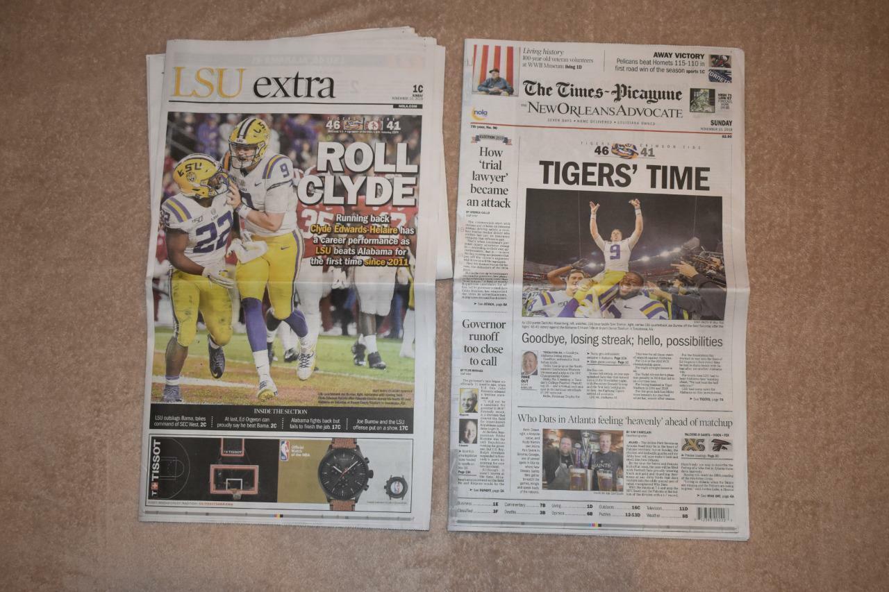 LSU Tigers Beat Alabama Crimson Tide New Orleans Advocate Newspaper 11/10/19