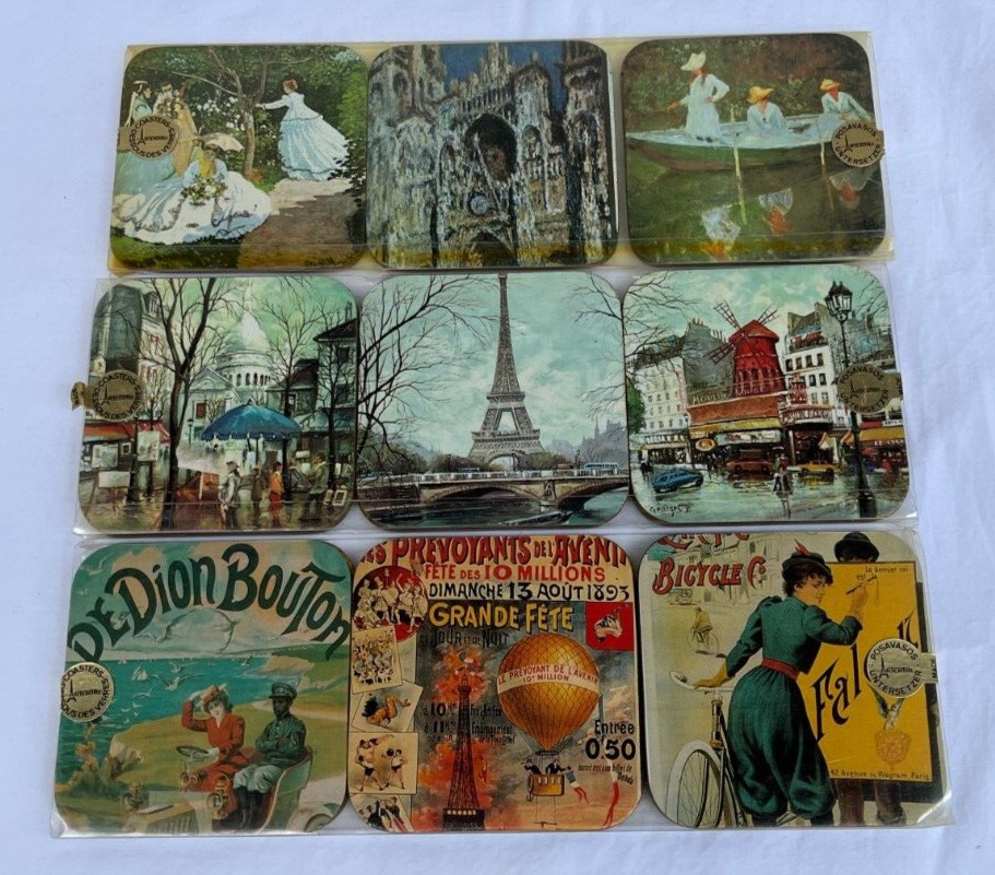 Vintage French Coasters, 3 packs of 6 Coasters in orig plastic, excellent/mint