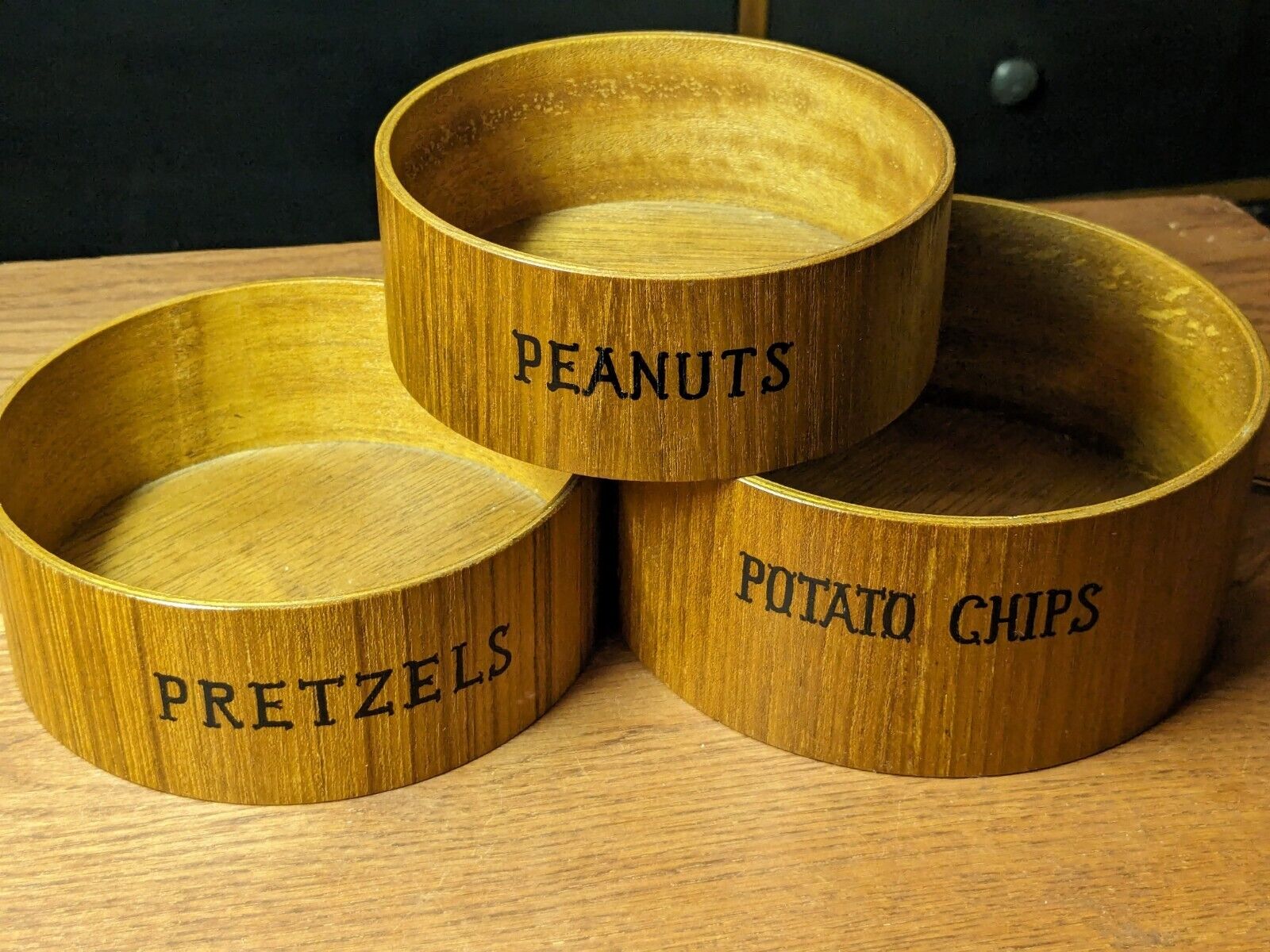VINTAGE MID CENTURY MODERN MCM Set of 3 Hand Made Wood Nesting Snack Bowls Japan