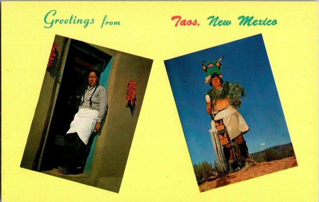 1950'S. GREETINGS FROM TAOS, NEW MEXICO. TAOS PUEBLO, COCHITI MAN POSTCARD EP15