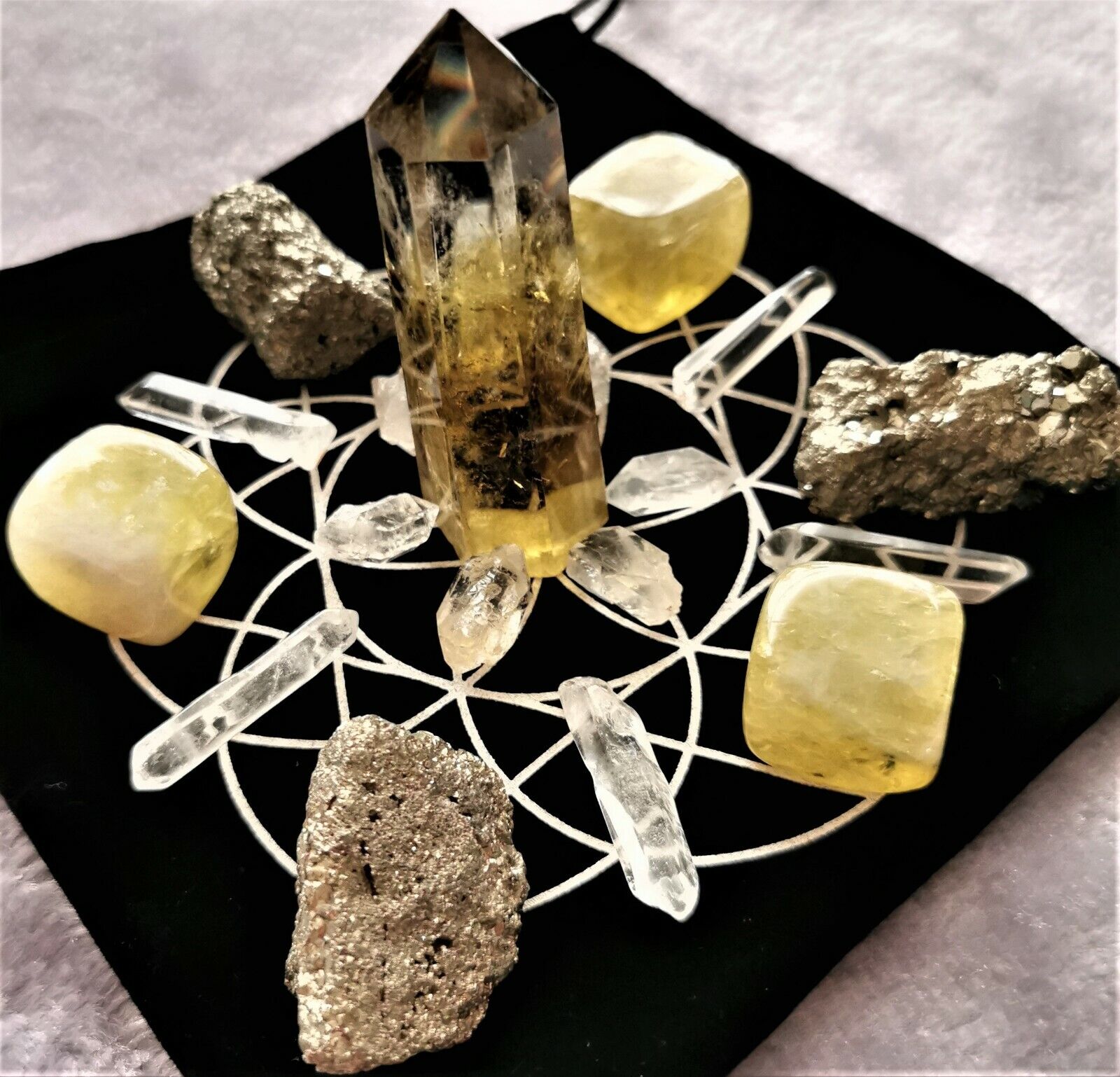 Abundance Crystal Grid Set Citrine Pyrite Herkimer Sacred Geometry FlowerOfLife