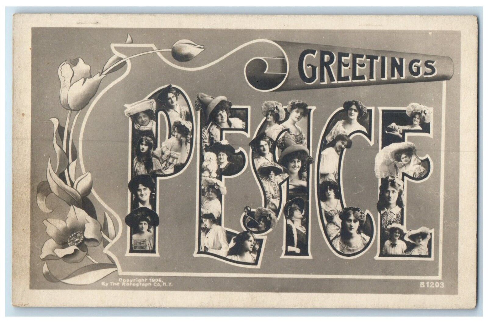 c1905 Greetings Peace Large Letters Pretty Woman Rotograph RPPC Photo Postcard